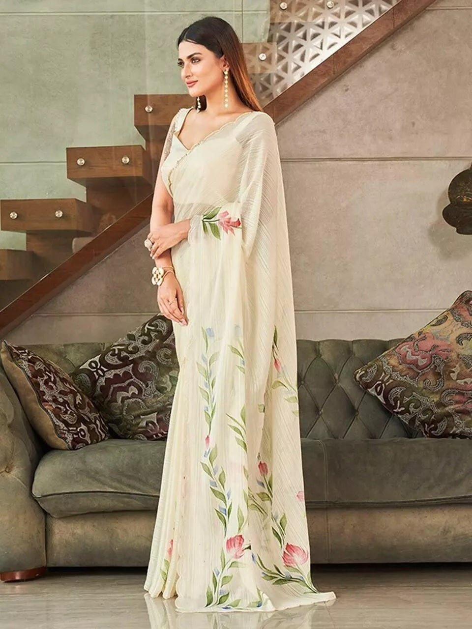Indian Ethnic Wear Moss Chiffon Saree With Blouse, Traditional Sari
