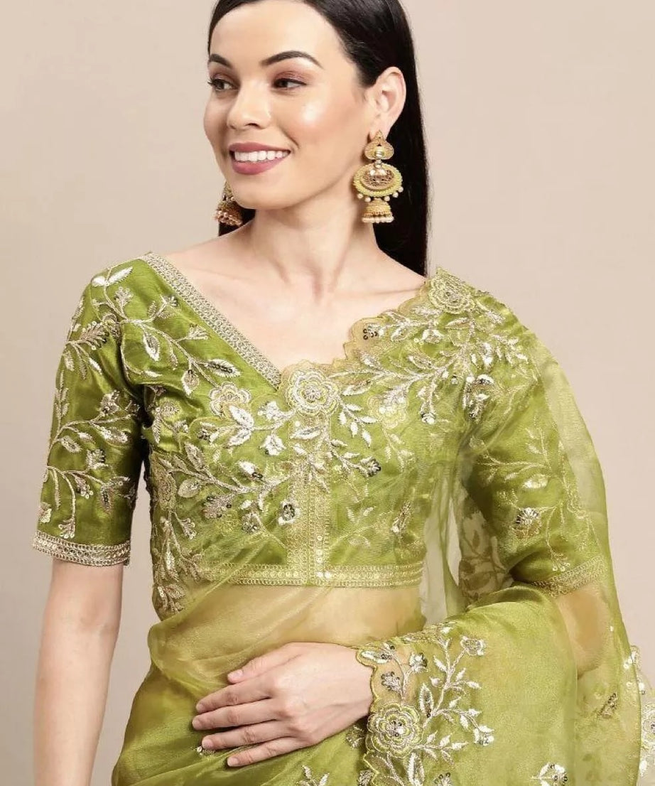 Light Green Soft Organza With All Over Embroidery Work  Sari & Blouse