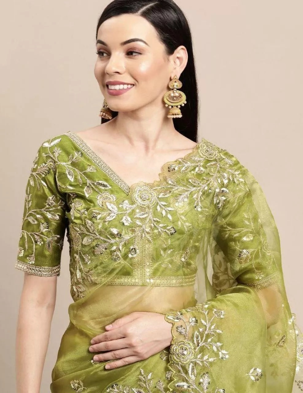 Light Green Soft Organza With All Over Embroidery Work  Sari & Blouse