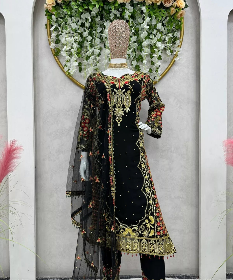 Faux Georgette Indian Ethnic Top Pant & Dupatta Set