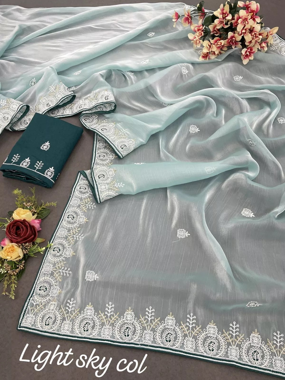 Barbari Silk Fabric With Embroidery Thread Work Designer Sari & Blouse