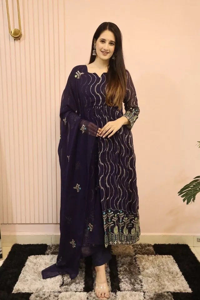 Ethnic Designer Stylish Stitched Faux Georgette Long Anarkali Gown Dupatta