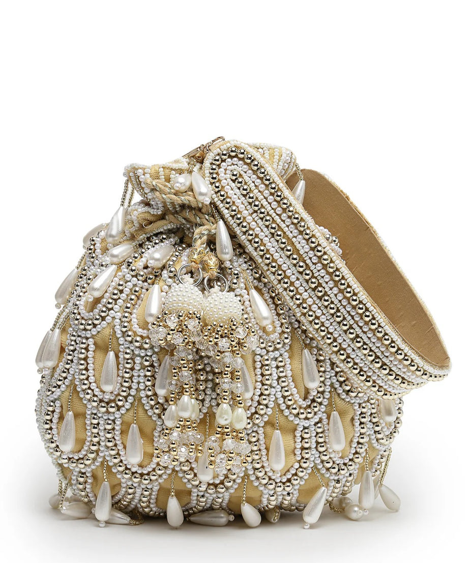 Droop Pearl Embellished Velvet Potli Bag