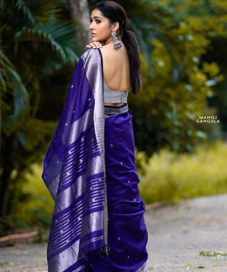 Blue Banarasi Soft Silk Saree, Traditional Wear Sari & Blouse