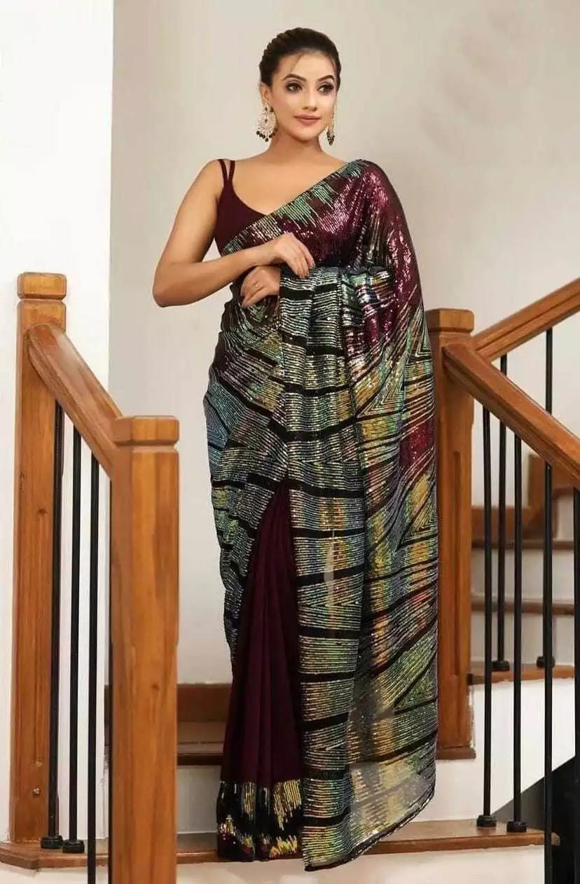 Georgette Embroidery Work Sequence Lace Work Saree,Party Wear Sari