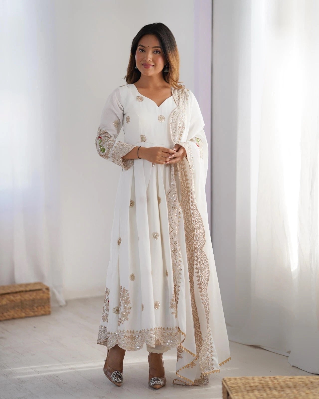 Traditional Designer Chinon Full Stitched Long Anarkali Gown With Dupatta