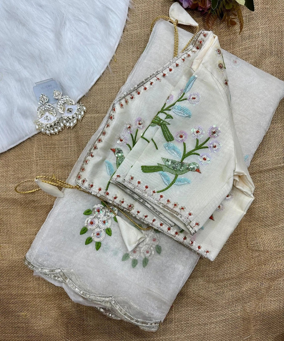 Soft Organza Saree With Embroidery Sequence Work Sari With Blouse