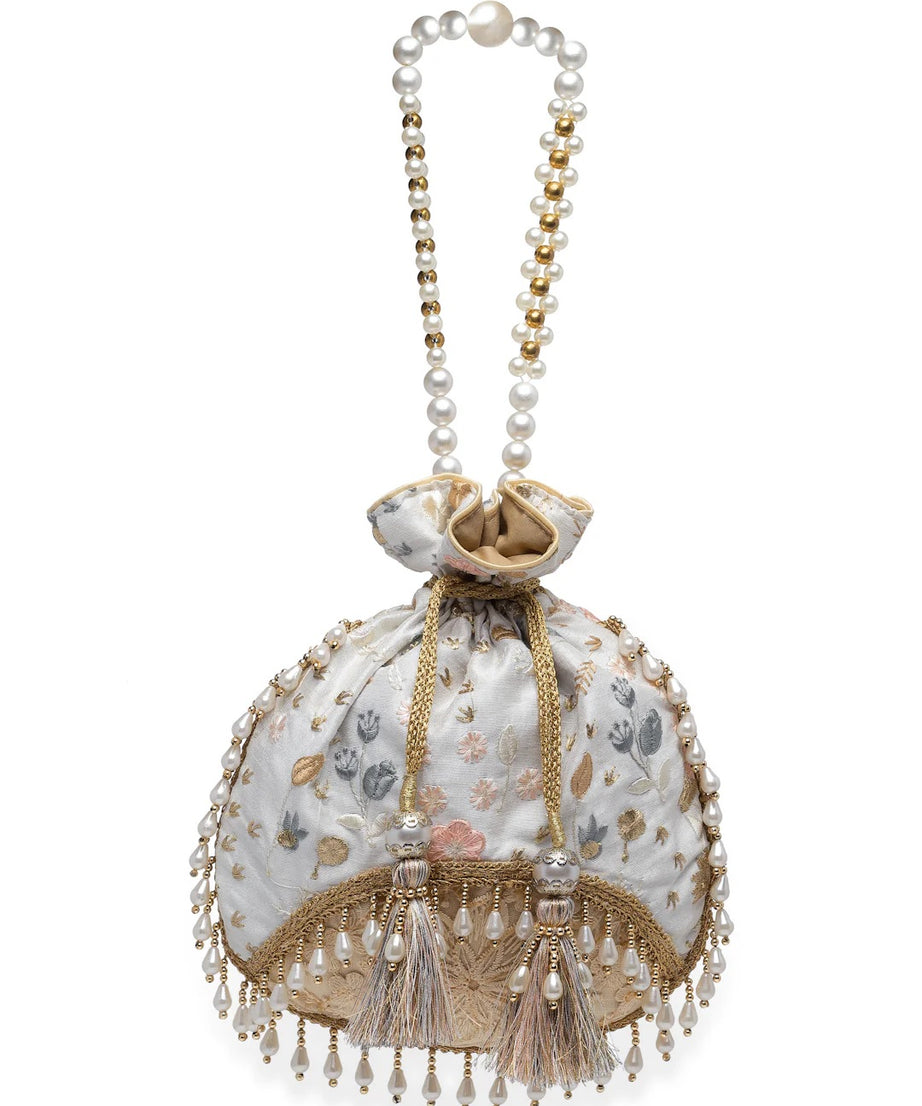 Droop Floral Embroidered Faux Silk Potli Bag