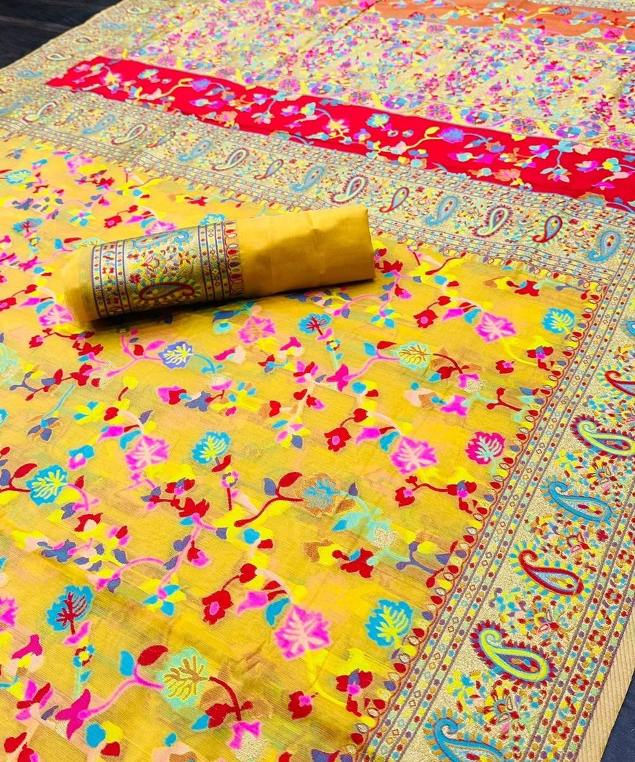 Kashmiri Silk Weaving Multiple Color Printed Sari & Blouse