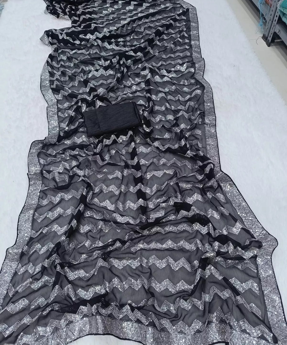 Georgette With Embroidery Sequence Work  Sari & Blouse