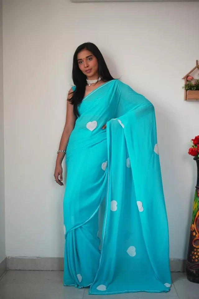 Georgette Embroidery Work Ready To Wear Sari With Blouse