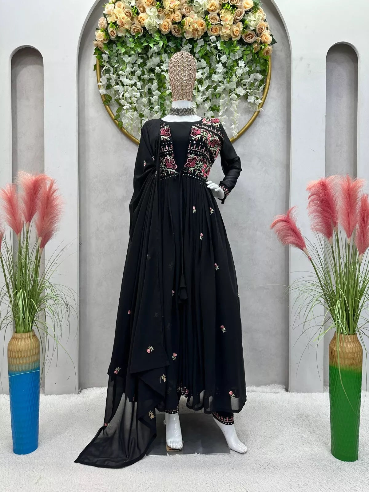 Faux Georgette Bollywood Full Stitched Kurti Shrug & Pant Dupatta