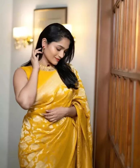 Yellow Traditional Banarasi Soft Silk Saree With Blouse