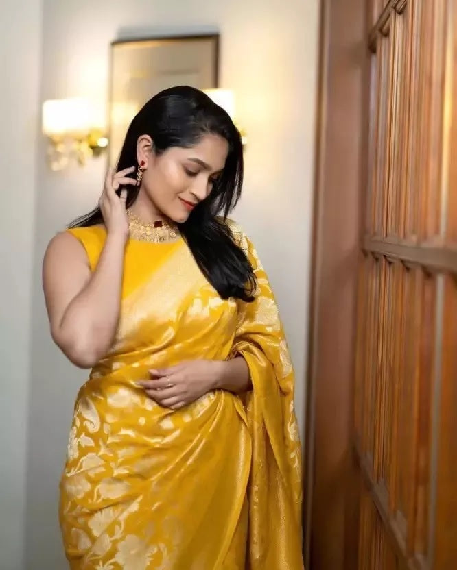 Yellow Traditional Banarasi Soft Silk Saree With Blouse