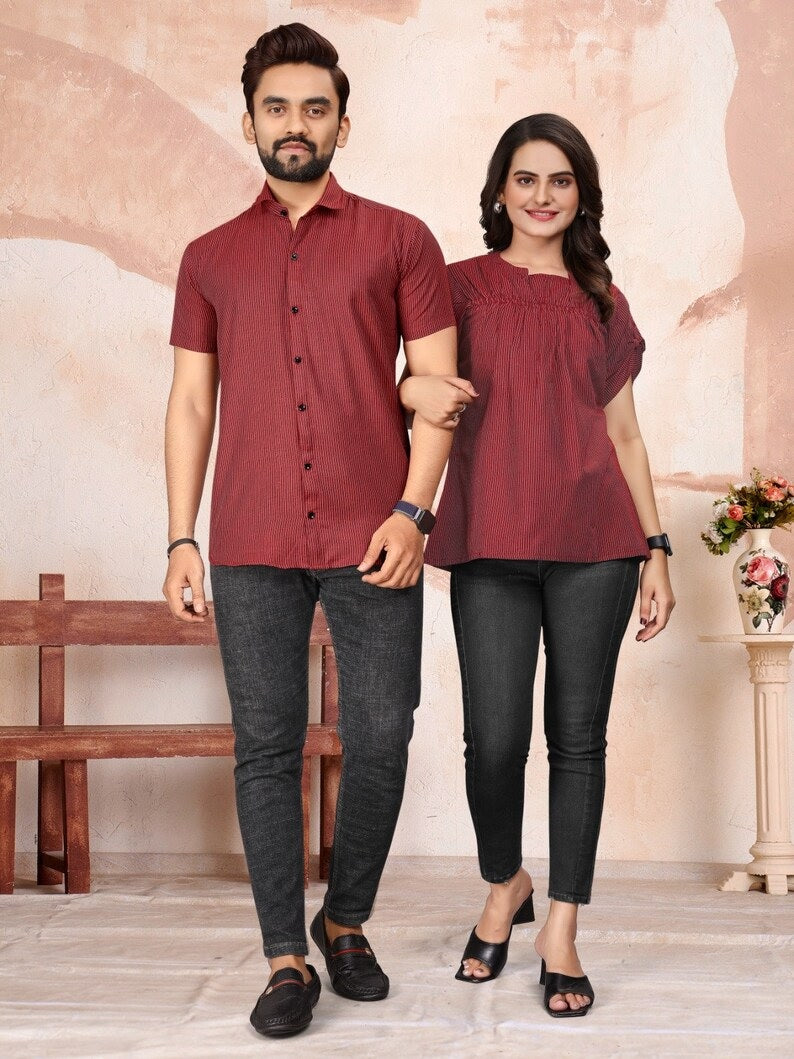 Pure Cotton Lining Pattern Tunic Top & Shirt Combo Set