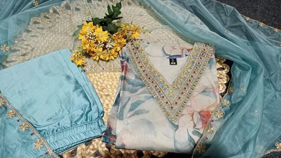 Classic Ethnic Pure Tabby Embroidery Work Kurti Bottom & Dupatta Set