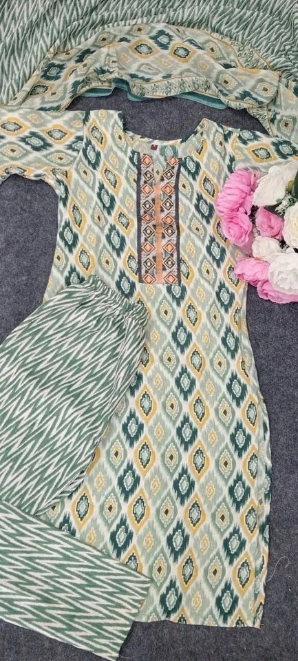 Women's Cotton Full Stitched Function Wear Top Bottom & Dupatta Set