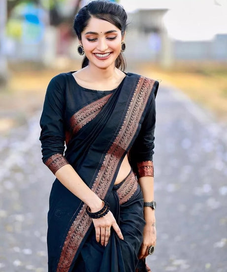 Black Designer Ethnic Wedding Banarasi Soft Silk Saree & Blouse