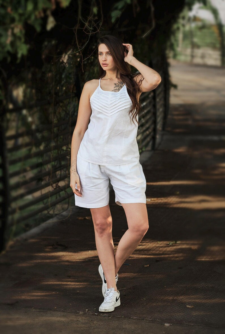 Linen Pleated Top and Shorts Set For Women