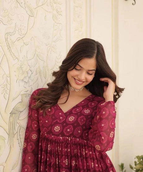 Fancy Stylish Delta silk Round Fleard Long Top For Women's