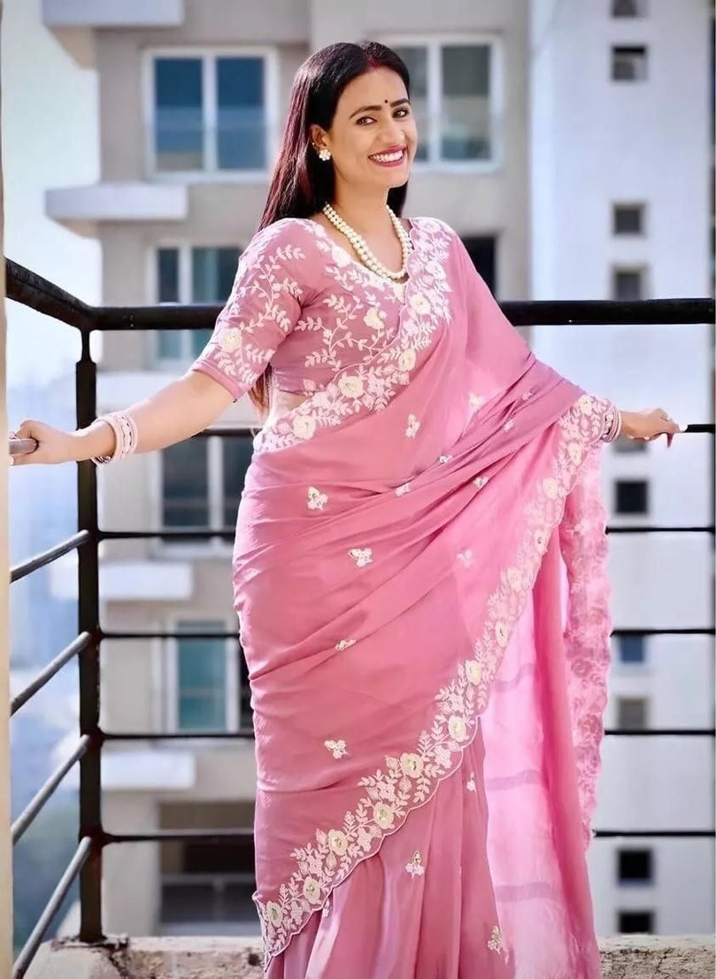 Pink Pure Chinon Silk With Embroidery Work Sari & Blouse