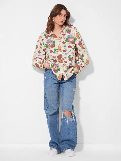 Cotton Linen Strawberry Women Boyfriend Shirts