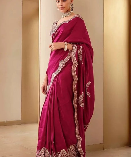 Soft Vichitra Silk With Fancy Thread Work & Sequence Work Saree With Blouse