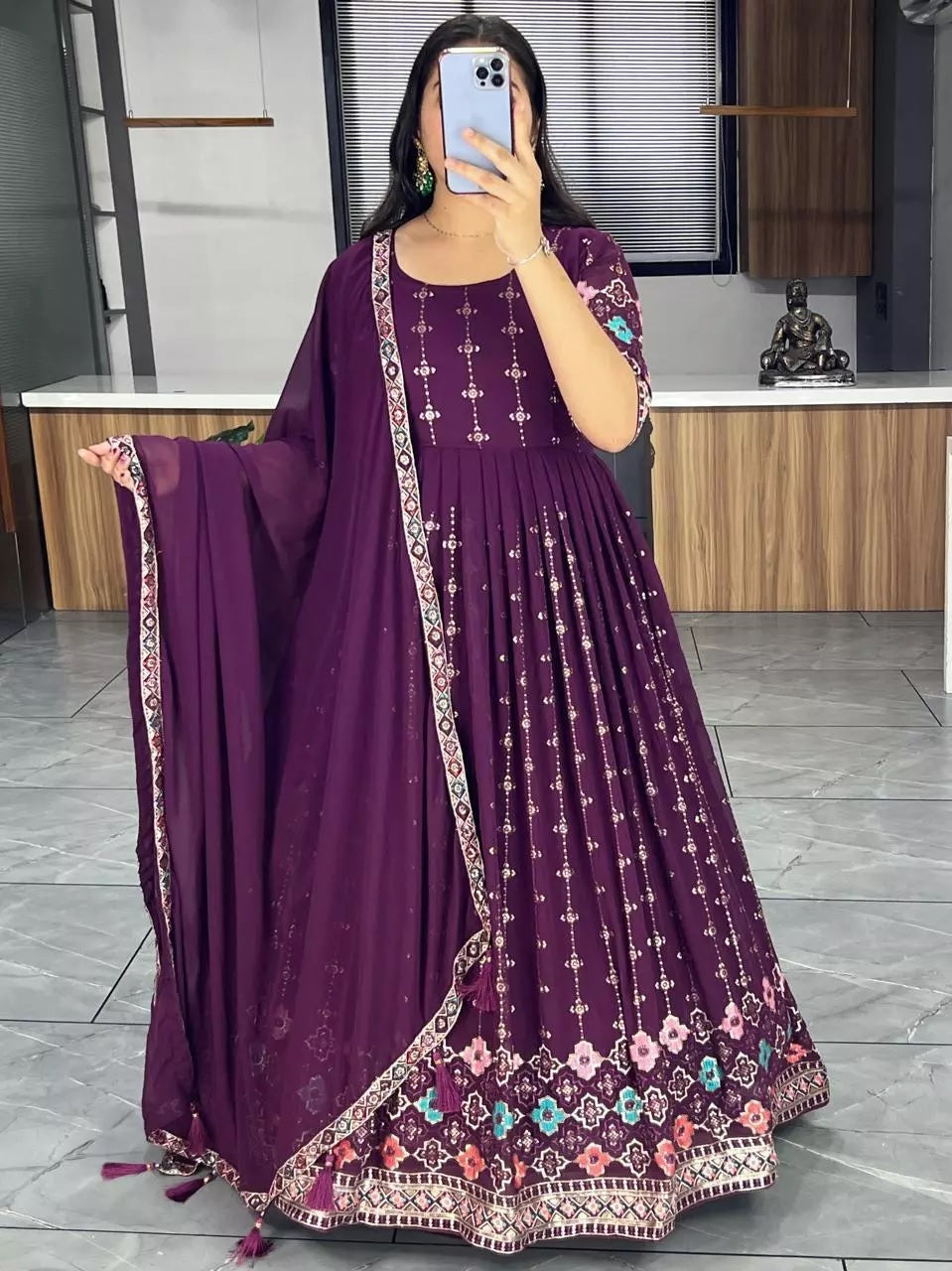 Georgette With Heavy Embroidery Work Long Anarkali Gown Dupatta
