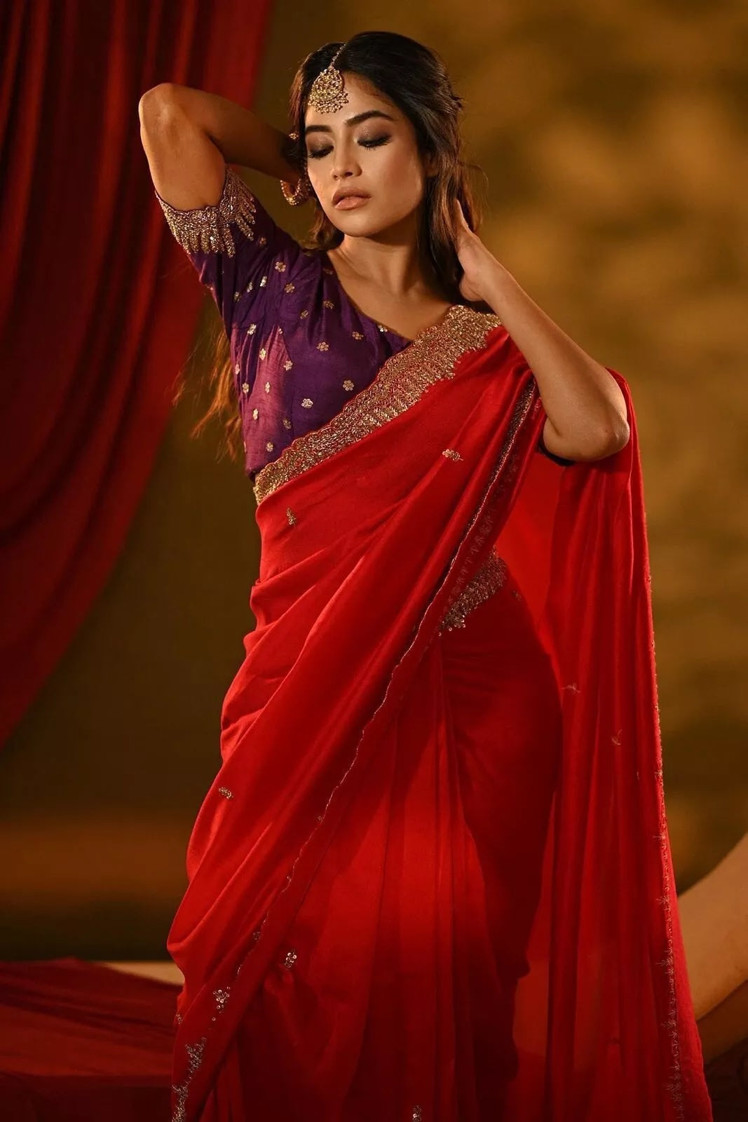 Rich Soft Georgette Fabric With Golden Tunic Sequence Work Saree With Blouse