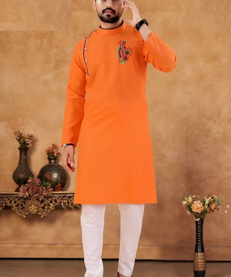 Men's Slub Cotton Kurta Pajama Set, Traditional Wedding Wear Long Kurta Set