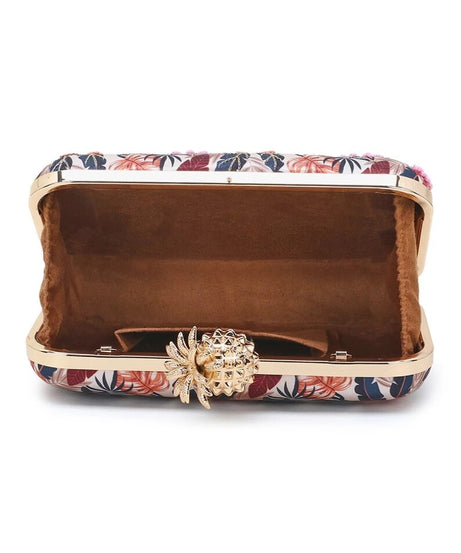 New Printed Satin Botanical Embroidered Clutch