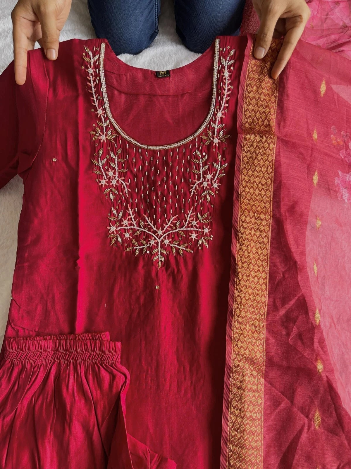Premium Roman Silk Designers Kurti Pent Dupatta Set
