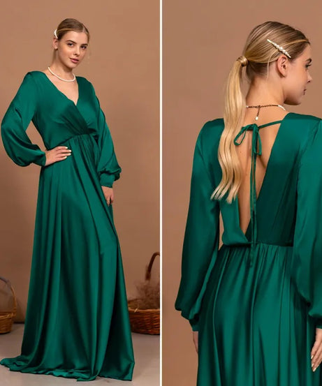 Satin Open Back Dress Emerald Green Evening Dress