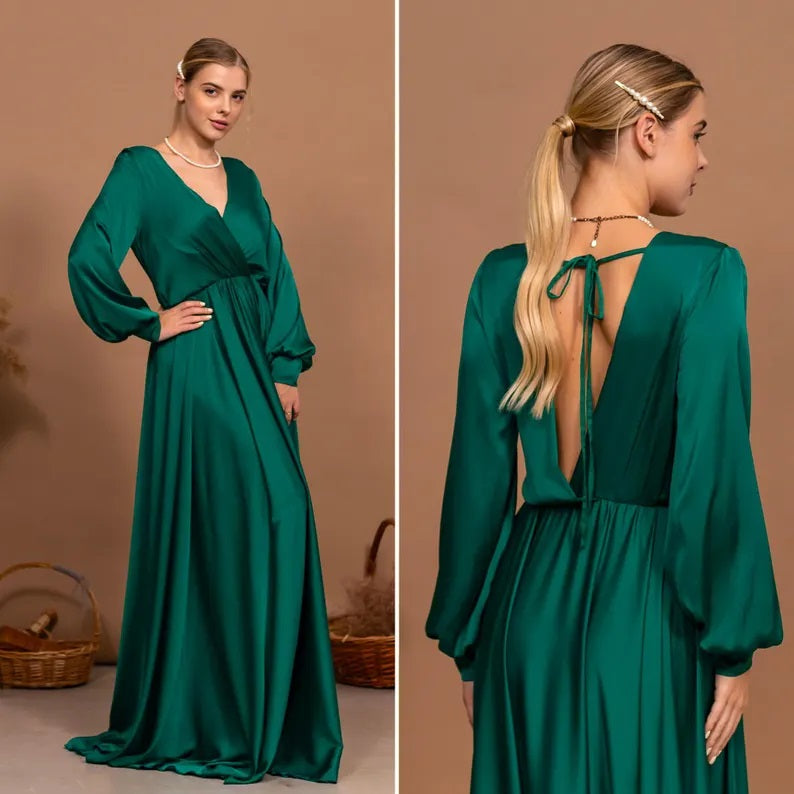 Satin Open Back Dress Emerald Green Evening Dress