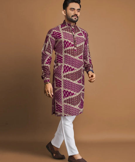 Men's Soft Cotton Foil Print Designer Kurta Pajama Set