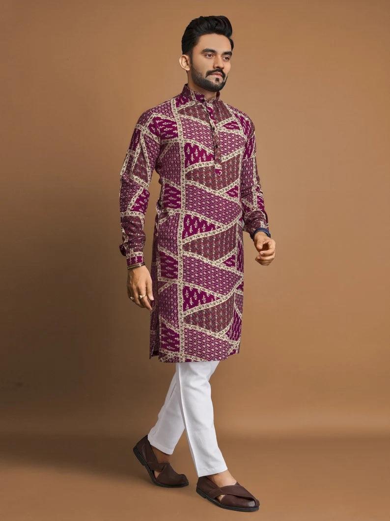 Men's Soft Cotton Foil Print Designer Kurta Pajama Set