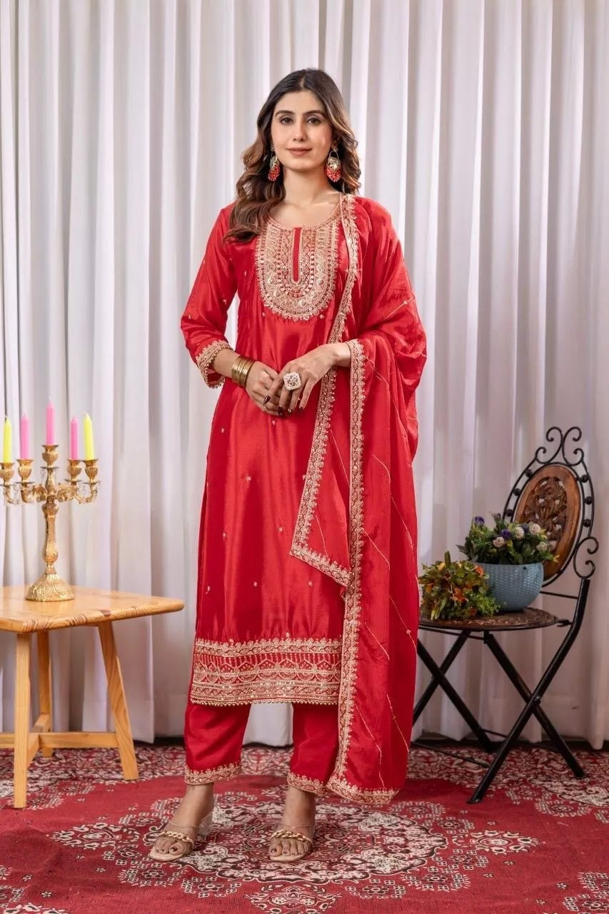 Heavy Pure Chinon Classic Stitched Kurti Bottom & Dupatta