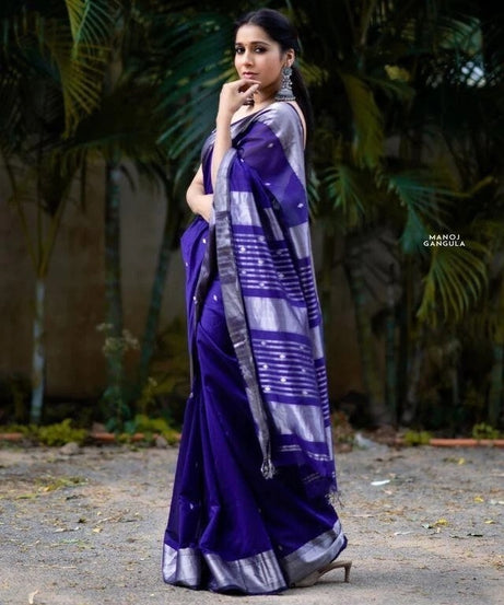 Blue Banarasi Soft Silk Saree, Traditional Wear Sari & Blouse