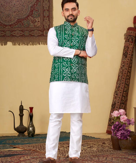 Men's Pure Cotton Bandhni Print Kurta Pajama Set