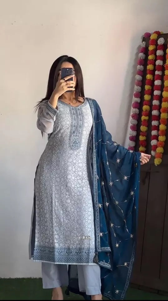 New Festival Stitched Faux Georgette With Embroidery Work Top Pant & Dupatta