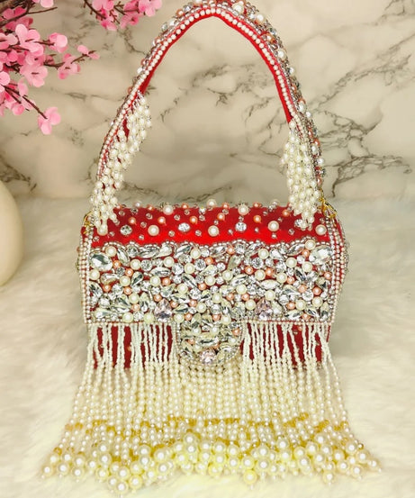 Designer Crystal and Pearl Work Flap Clutch