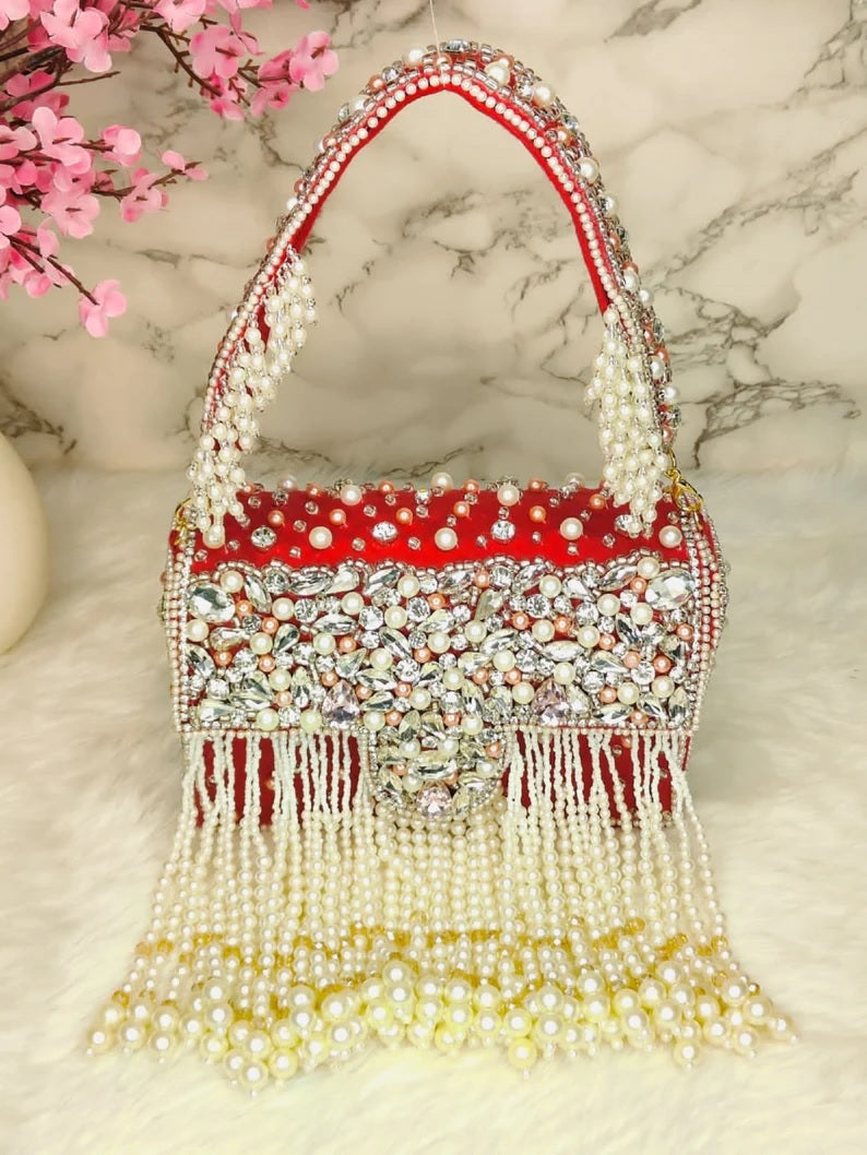 Designer Crystal and Pearl Work Flap Clutch
