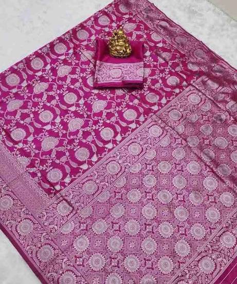 Red Violet Traditional Banarasi Soft Silk Saree With Blouse