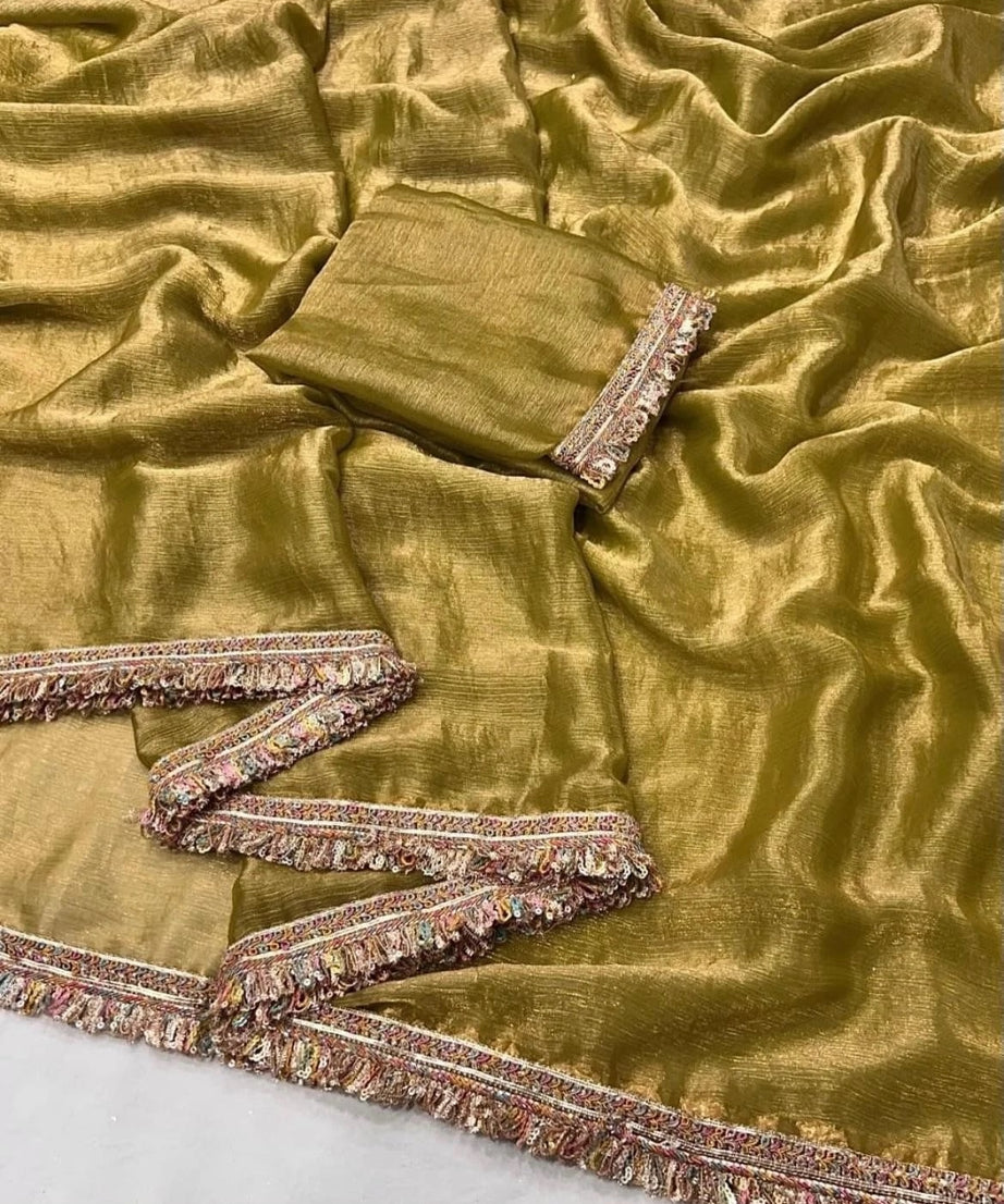 Chiffron Fendy Sari , Traditional Designer Wedding Wear Saree With Blouse