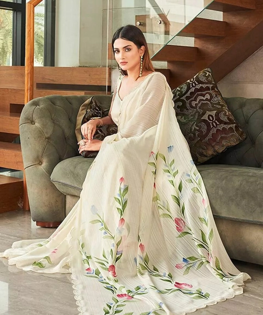 Indian Ethnic Wear Moss Chiffon Saree With Blouse, Traditional Sari