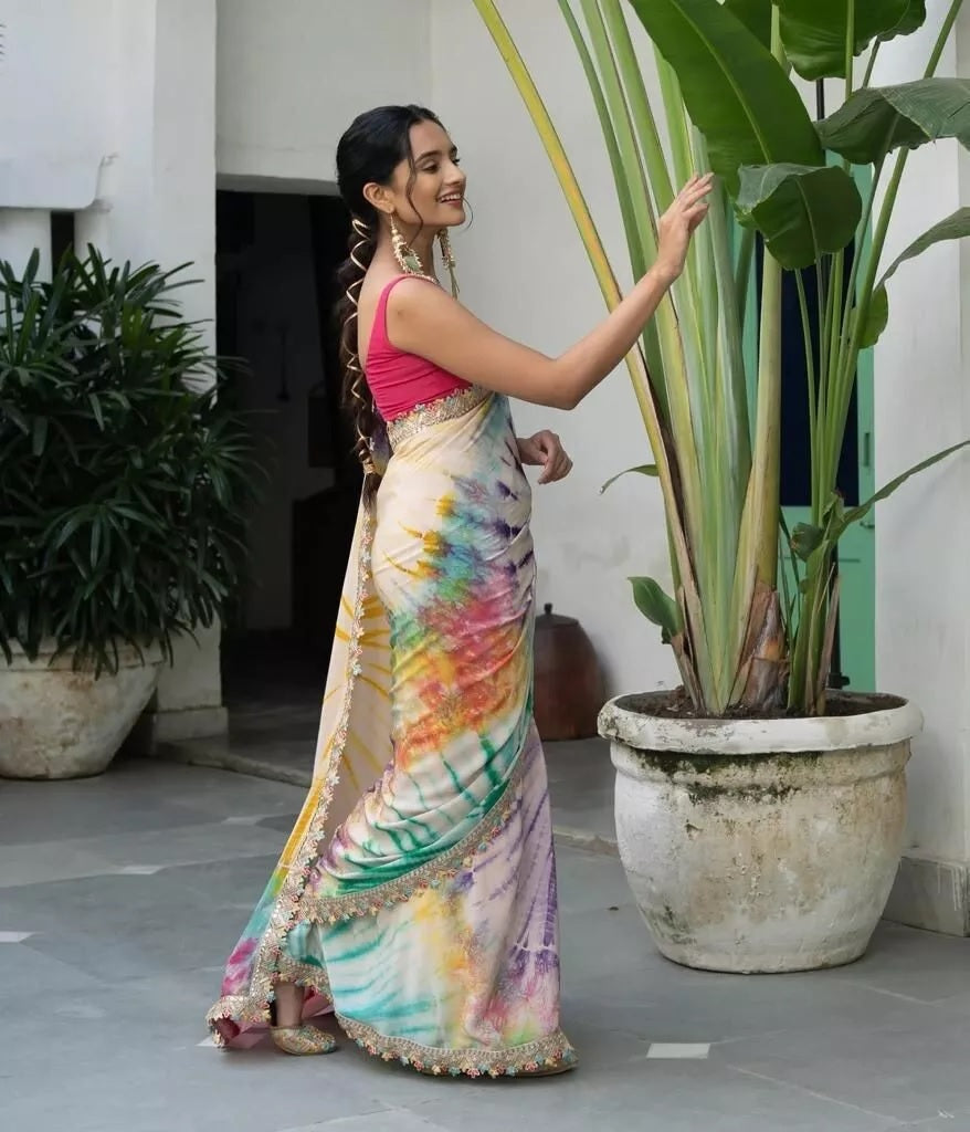 Soft Chinon Silk Printed Designer Sari With Blouse