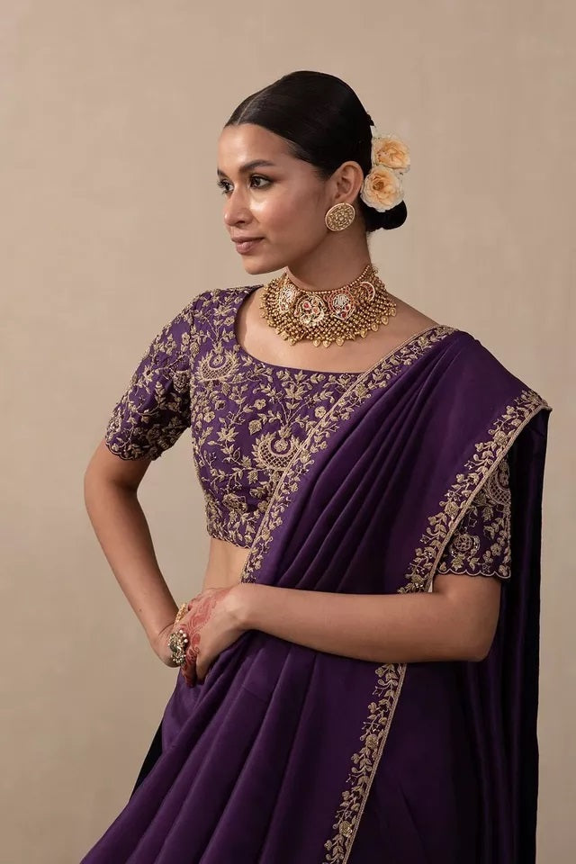 Two Tone Vichitra Silk  Multi Thread Embroidery Work Saree With Blouse