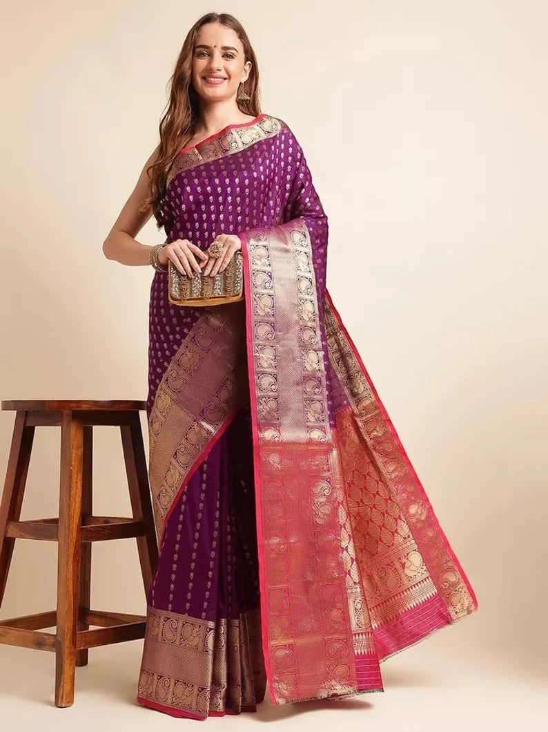Traditional Banarasi Silk Saree with Gold Zari Weaving Sari & Blouse