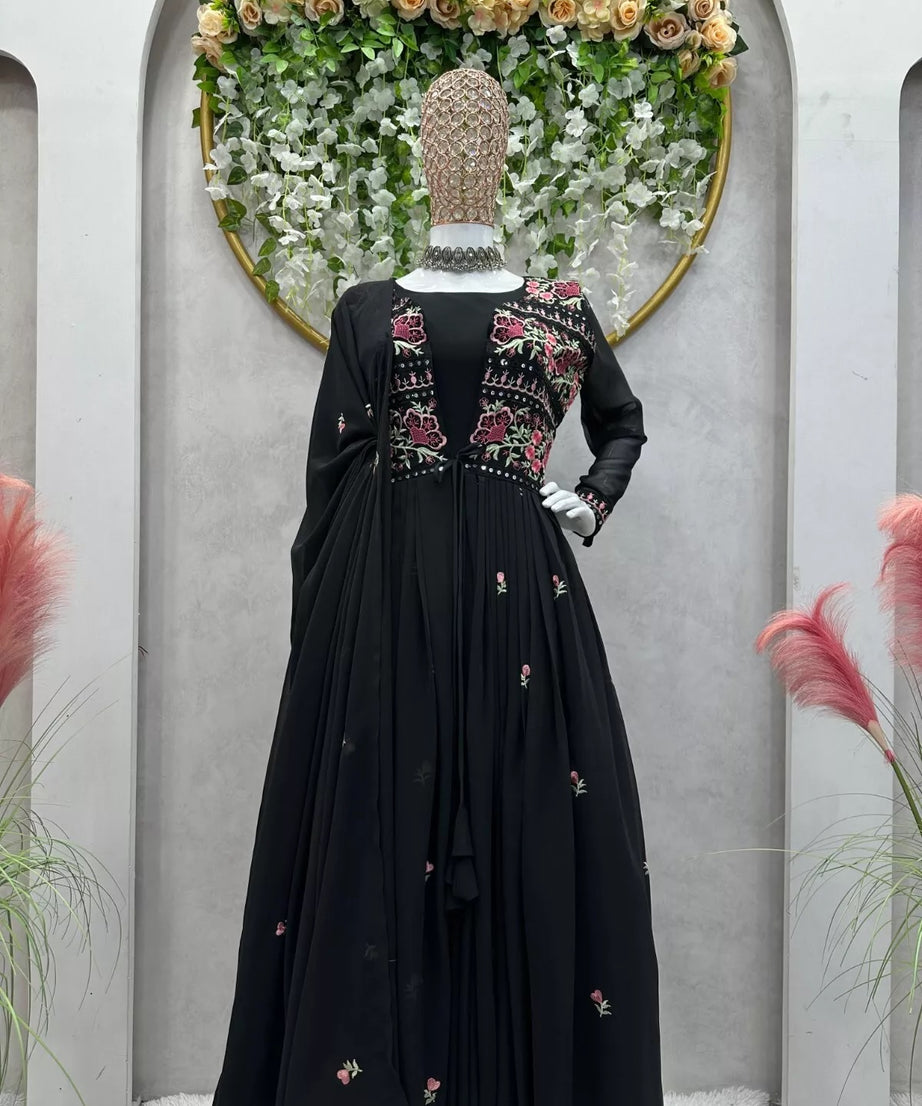 Faux Georgette Bollywood Full Stitched Kurti Shrug & Pant Dupatta
