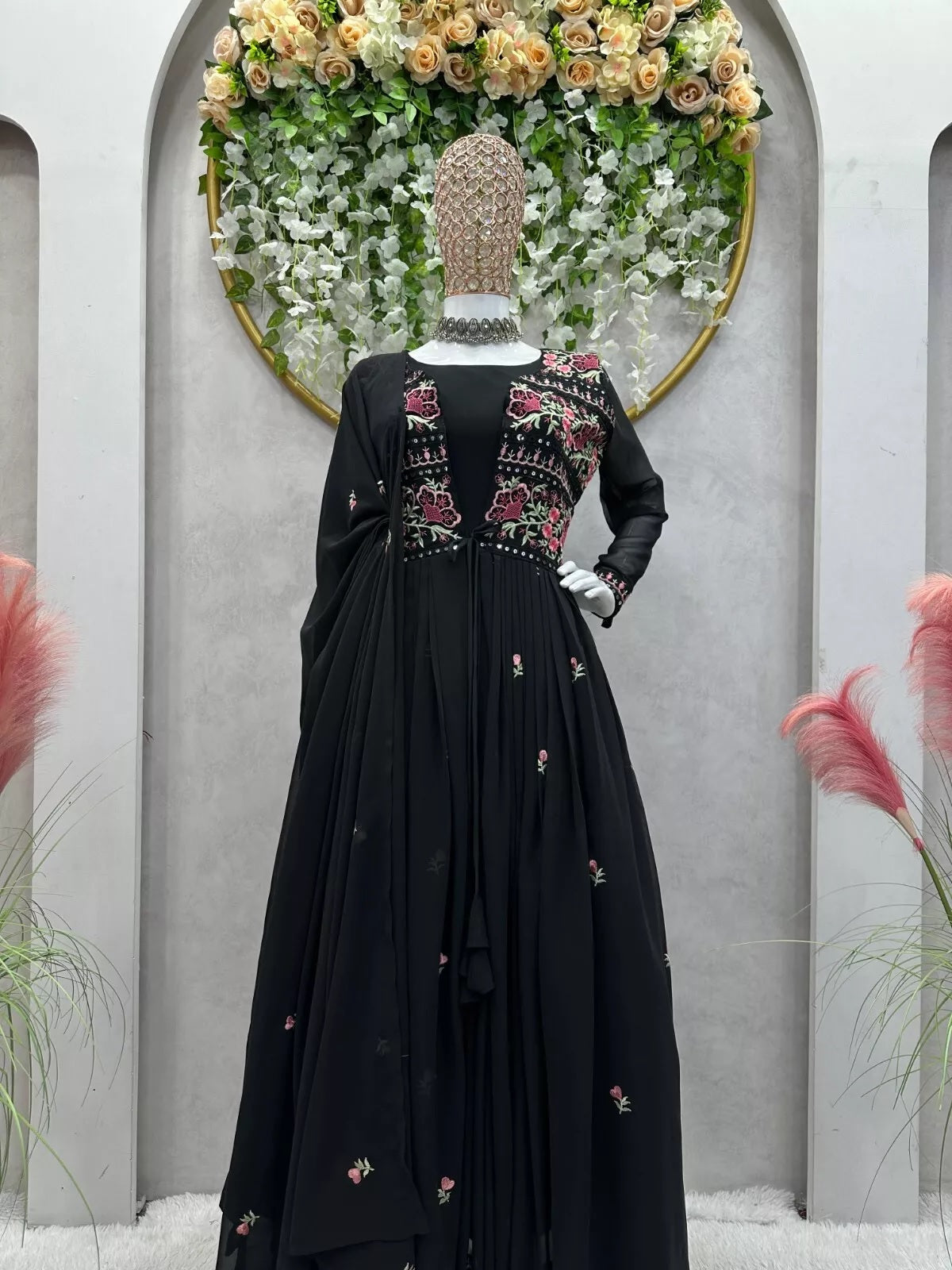 Faux Georgette Bollywood Full Stitched Kurti Shrug & Pant Dupatta